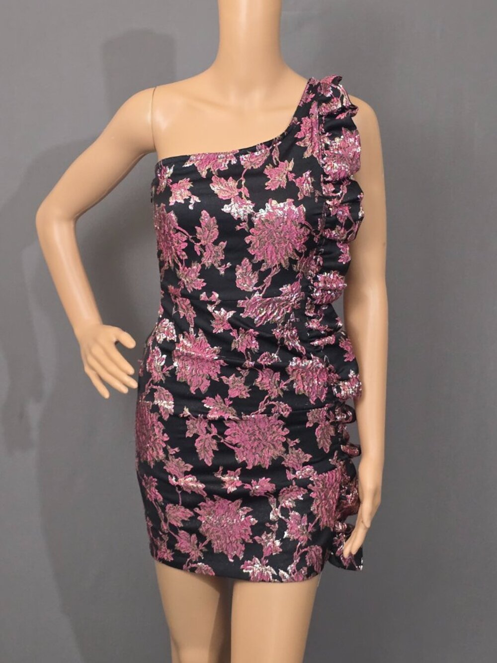 For Love & Lemons Luella Mini Dress XS Floral Jacquard One Shoulder NWT